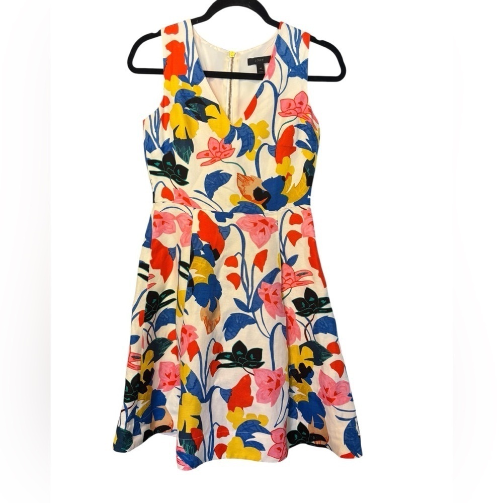 J. Crew Women's Linen Blend Printed Floral Sleeveless Fit and Flare Dress Size 0 - Picture 2 of 5